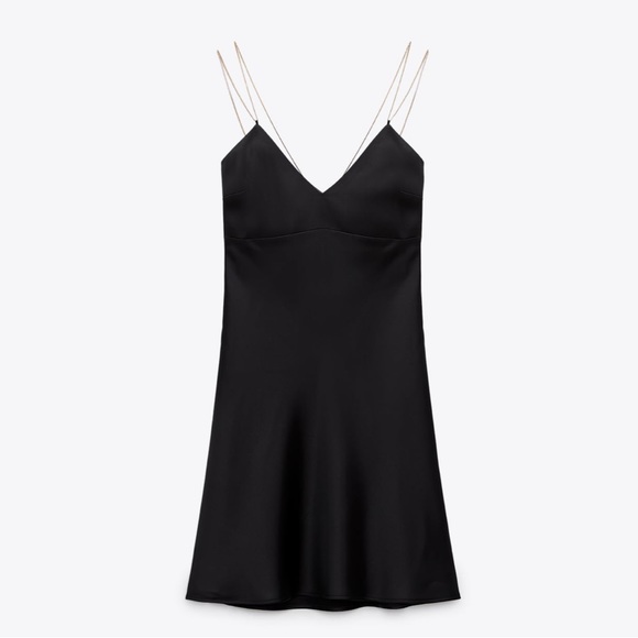 Zara gold chain strap satin effect mini dress black XS 7969/042 LBD - Picture 6 of 12
